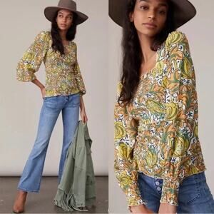 Anthropologie Rayna Relaxed Smocked Blouse Yellow Orange Medium